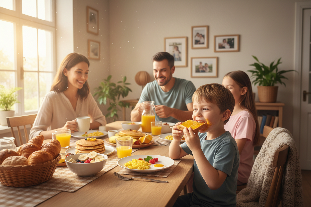 mango jam generously spread on a toast being eaten by boy mom dad and sister are also on the breakfast table