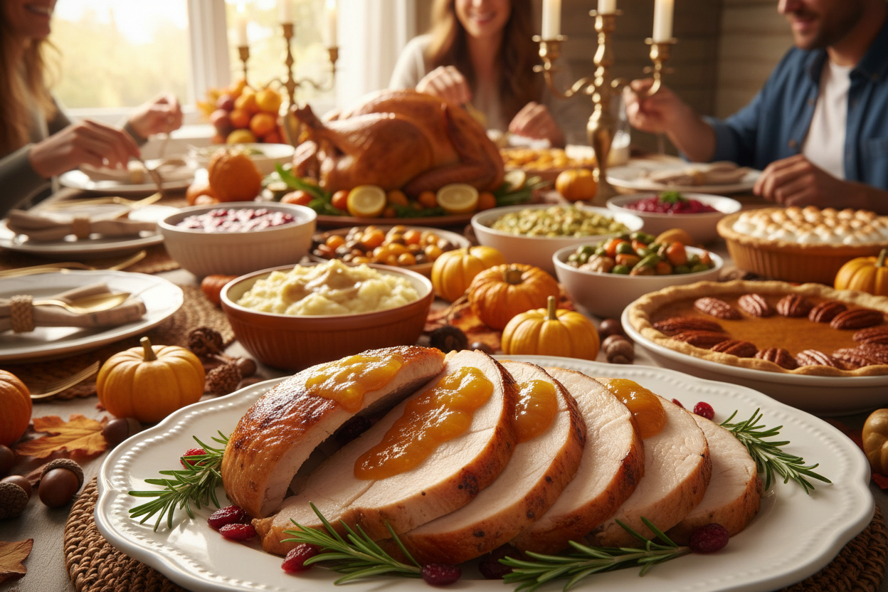 mango jam on sliced turkey. show thanksgiving feast on the background